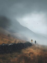 A misty moorland with rugged hills, a stone fence, and a solitary figure walking with a lantern