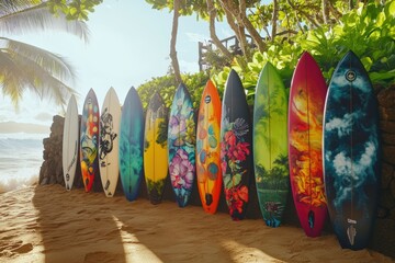 Colorful surfboards lined up on a tropical beach under a bright sun at sunset