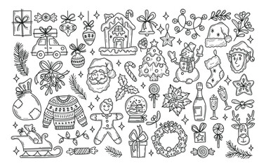 Big Christmas collection of festive symbols and design elements. Doodle vector illustration for sticker pack, banner, card, postcard.. Line art. Editable stroke.