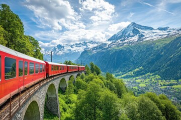 Obraz premium Experience a scenic railway journey through the swiss alps capturing breathtaking landscapes tranquil nature and majestic views along the enchanting railways
