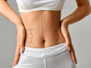 Fototapeta premium Medical theme of a beautiful woman showcasing a slim waist and perfect body. Ideal for beauty and fitness themes related to body correction and health.