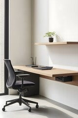 Fototapeta premium A minimalist home office with a floating wooden desk, a black task chair, and a single shelf holding a small plant.