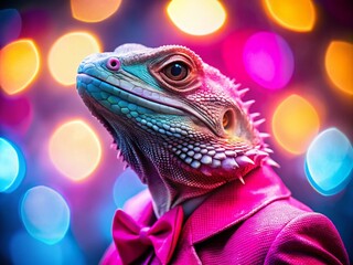 Obraz premium Pink Suit Lizard Bokeh Photography, Reptile in Formal Wear, Cute Lizard Portrait, Bokeh Background, Reptilian Fashion, Macro Photography Lizard
