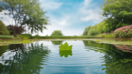 Fototapeta premium A close-up view of a single green leaf floating on still water, surrounded by lush greenery, creating a tranquil and serene atmosphere.