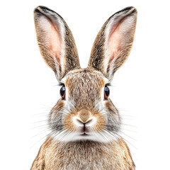 Obraz premium Portrait of a curious wild rabbit with large upright ears looking directly ahead, isolated on a transparent background for easy design use.