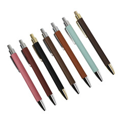 Colored leather pen, ballpoint pen, isolated white background.