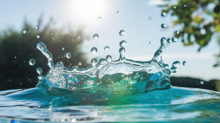 A stunning close-up of a water splash creating vibrant droplets under the bright sun, showcasing the beauty of nature's elements.
