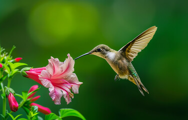 A vibrant hummingbird colibri near a flower in a tropical rainforest, capturing the beauty of nature and wildlife in action.