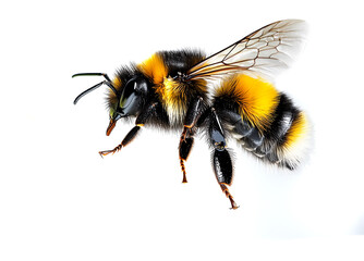 macro close up image of a bee in flight isolated on a white background