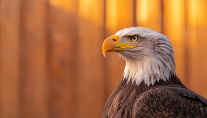 Obraz premium Close-up of a proud bald eagle with the vibrant American flag in the background symbolizing resilience, liberty, and national pride