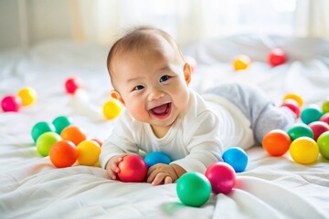 Portrait of a Cute Asian Newborn Baby Playing with Colorful Plastic Balls on a White Bed, Smiling Happily After Waking Up, Celebrating Childhood and Joyful Moments