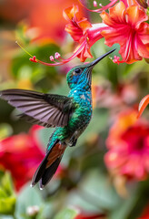 Obraz premium A vibrant hummingbird colibri near a flower in a tropical rainforest, capturing the beauty of nature and wildlife in action.