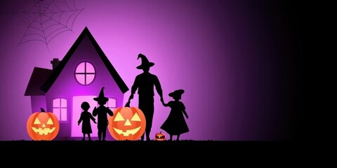 Halloween family celebration residential area digital illustration spooky atmosphere silhouette view festive vibes