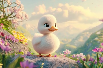 Charming little duckling stands proudly on a mountain surrounded by vibrant flowers in a dreamy landscape