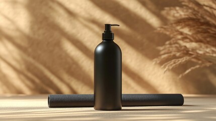 Black pump bottle mockup on beige background with rolled mat and pampas grass.