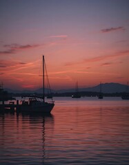 Silhouette of a small boat tied to a dock at twilight