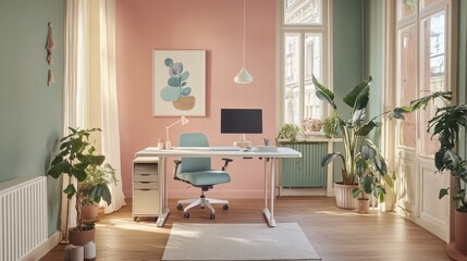 Fototapeta premium Bright room, pink wall, plant-filled workspace, white desk, blue chair.