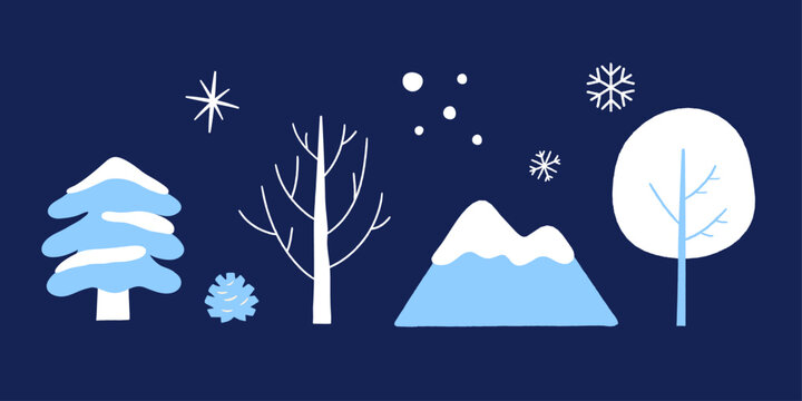 Winter trees and snowflakes vector Illustration. Decorative graphic elements. 