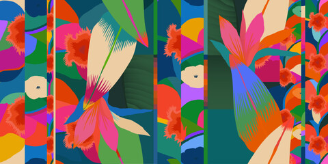 Tropical hand drawn flowers pattern. Dynamic botanical print. Unique fashionable template for design. 