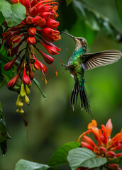 Obraz premium A vibrant hummingbird colibri near a flower in a tropical rainforest, capturing the beauty of nature and wildlife in action.