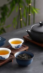 Two porcelain teacups filled with amber liquid sit on wooden trays next to a dark teapot and loose leaf tea in a small bowl.  A backdrop of bamboo adds to the serene atmosphere.