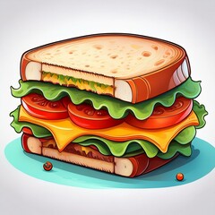 Vibrant cartoon sandwich with layers of lettuce, cheese, and tomato, perfect for use in food menus and playful food