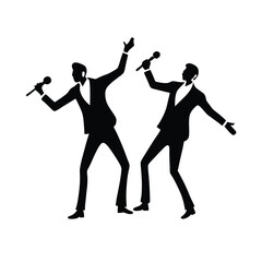 Fototapeta premium a black silhouette of two men dancing and singing into microphones.