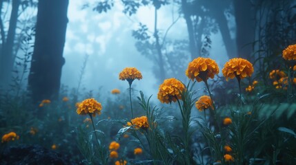 Vibrant Marigolds in the Misty Forest