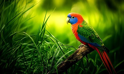 Fototapeta premium Vibrant king parrot perched on branch amidst lush green grass.