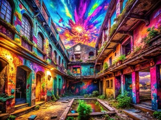 Fototapeta premium Psychedelic Urban Exploration: Abstract Graffiti Walls, Grunge Textures, Neon Lights, Surreal Cityscape