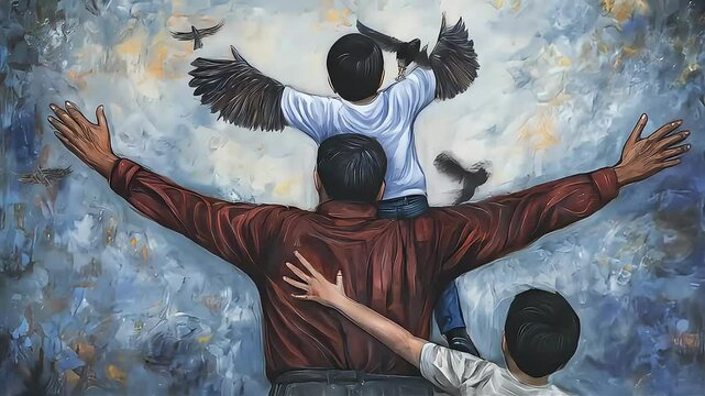 A father and his two sons gaze at flying birds, symbolizing freedom and dreams.