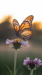 Obraz premium A beautiful Monarch butterfly delicately perched on a vibrant flower, showcasing its intricate orange and black wings against a soft, golden sunset.