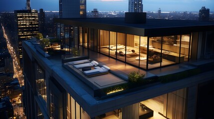 Fototapeta premium A luxury home with a rooftop terrace, floor-to-ceiling glass walls, and dramatic exterior lighting at night.