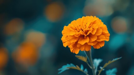 Vibrant Marigold Bloom Against a Blurry Teal Background