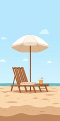 Obraz premium Relaxing beach scene with lounge chair and drink under umbrella tropical paradise digital art calm atmosphere