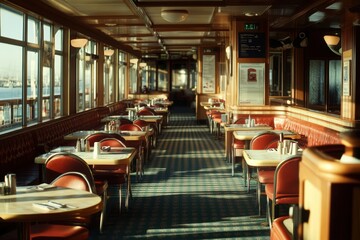 Panoramic view of a Western-style restaurant on a cruise ship with tables set for dining