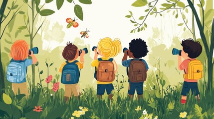 Kids with binoculars explore nature.