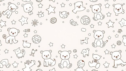 Vector pattern featuring children's doodles in black and white, including baby and children related objects such as toys, animals, and stars, toys, design elements