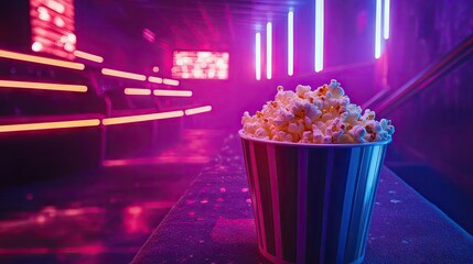 A bucket of popcorn sitting in a dimly lit cinema with glowing neon accents in the background.