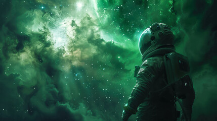 An astronaut looks at an emerald green nebula.