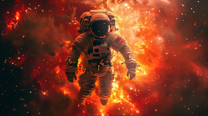 Fototapeta premium An astronaut observes a red-orange nebula.