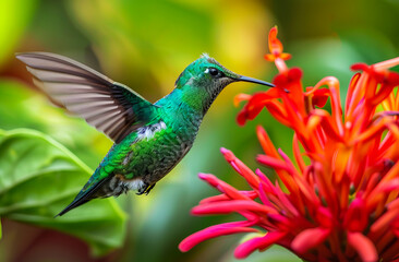 Obraz premium A vibrant hummingbird colibri near a flower in a tropical rainforest, capturing the beauty of nature and wildlife in action.