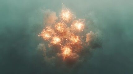 Conceptual representation of impersonal idealism with luminous geometric figures in a serene cosmic environment