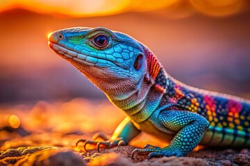 Fototapeta premium Rainbow Whiptail Lizard Low Light Photography - Nighttime Reptile, Desert Lizard, Scaly Skin, Vivid Colors, Wildlife Photography