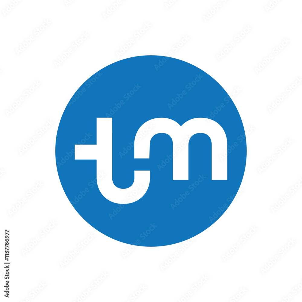 Poster a button logo design of an initial tm in lowercase on a blue round shape