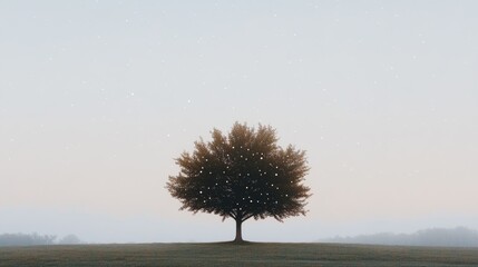 Radiant tree of life in serene meadow blending cosmic constellations with ethereal mist and vibrant colors in a mystical representation of agnostic theism