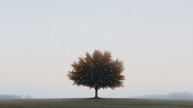 Radiant tree of life in serene meadow blending cosmic constellations with ethereal mist and vibrant colors in a mystical representation of agnostic theism
