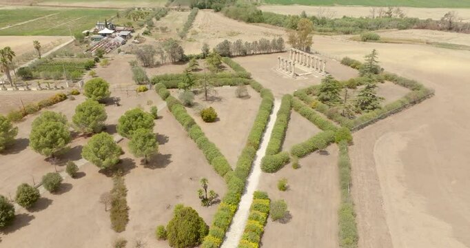 Aerial view of the Tavole Palatine ("Palatine Tables") archaeological park located in Metaponto, Basilicata, Italy. They are the remains of a hexastyle peripteral Greek temple of Magna Graecia.