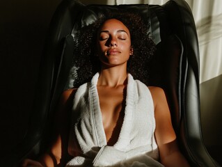 A person relaxing in a massage chair with a plush robe, in a style similar to the art deco style, with elegant curves and lines, soft light.