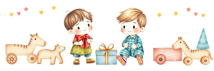 Fototapeta premium Watercolor illustration set of kids nursery decor and wood toys hand drawn clipart isolated on white background for card, poster, postcard, invitation, printing, wrapping, watercolor, postcard